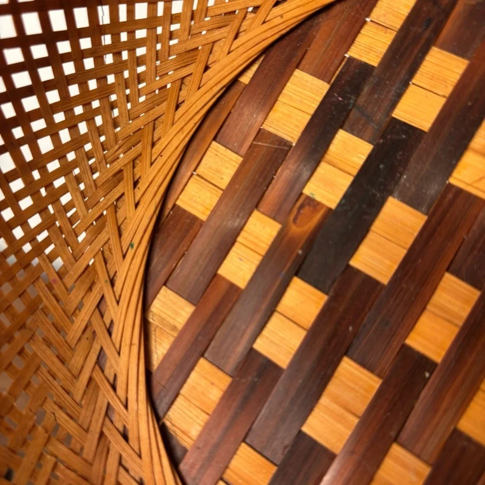 Vintage Small Woven Basket with Checkered Base Wicker Rattan